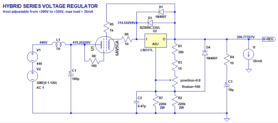 For tube amp B+: Shunt voltage stabilizer using 6AV5GA, LM317, and two ...